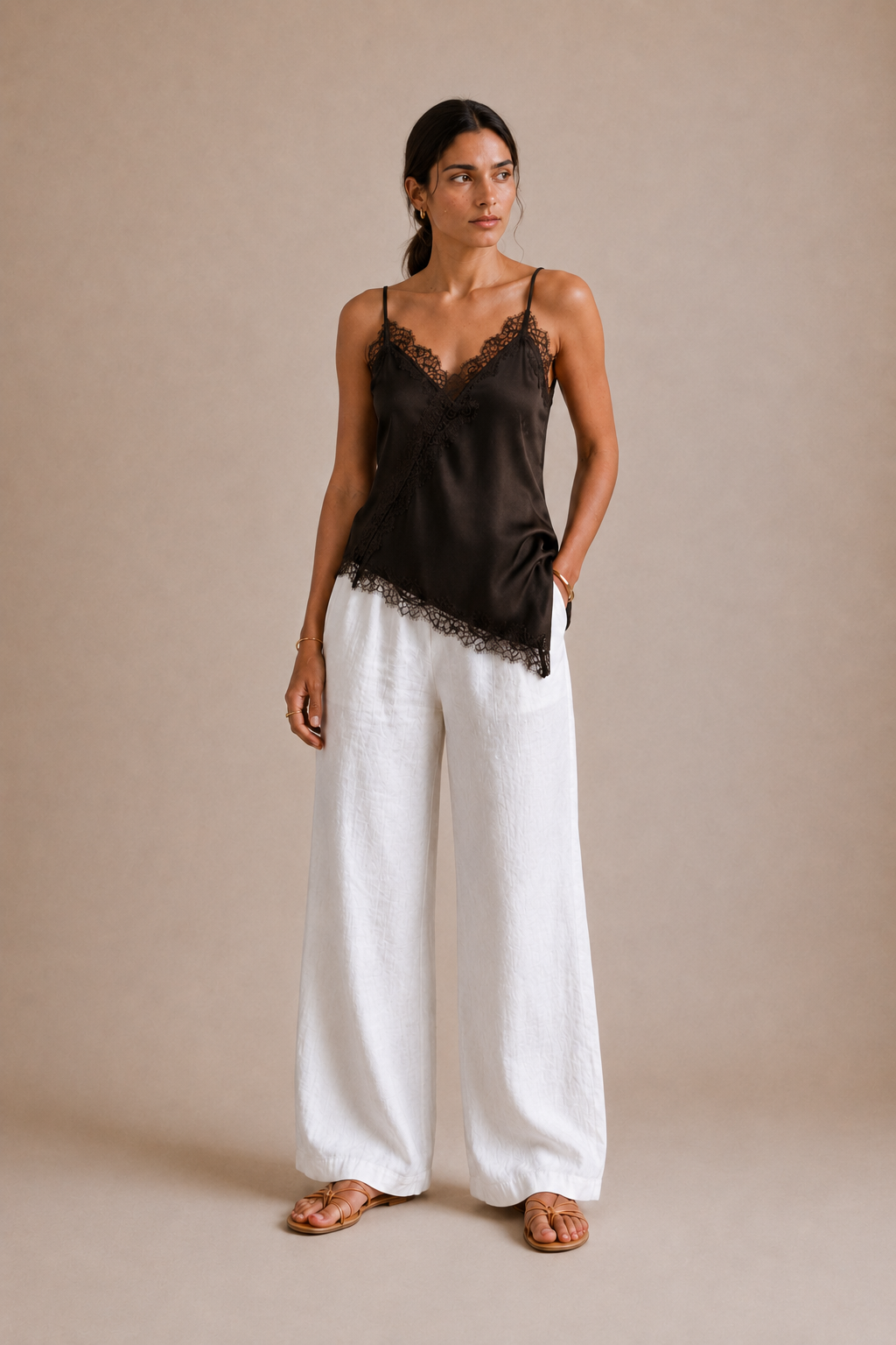 Asymmetrical Lace Slip Top - Brown front [[c:brown]]