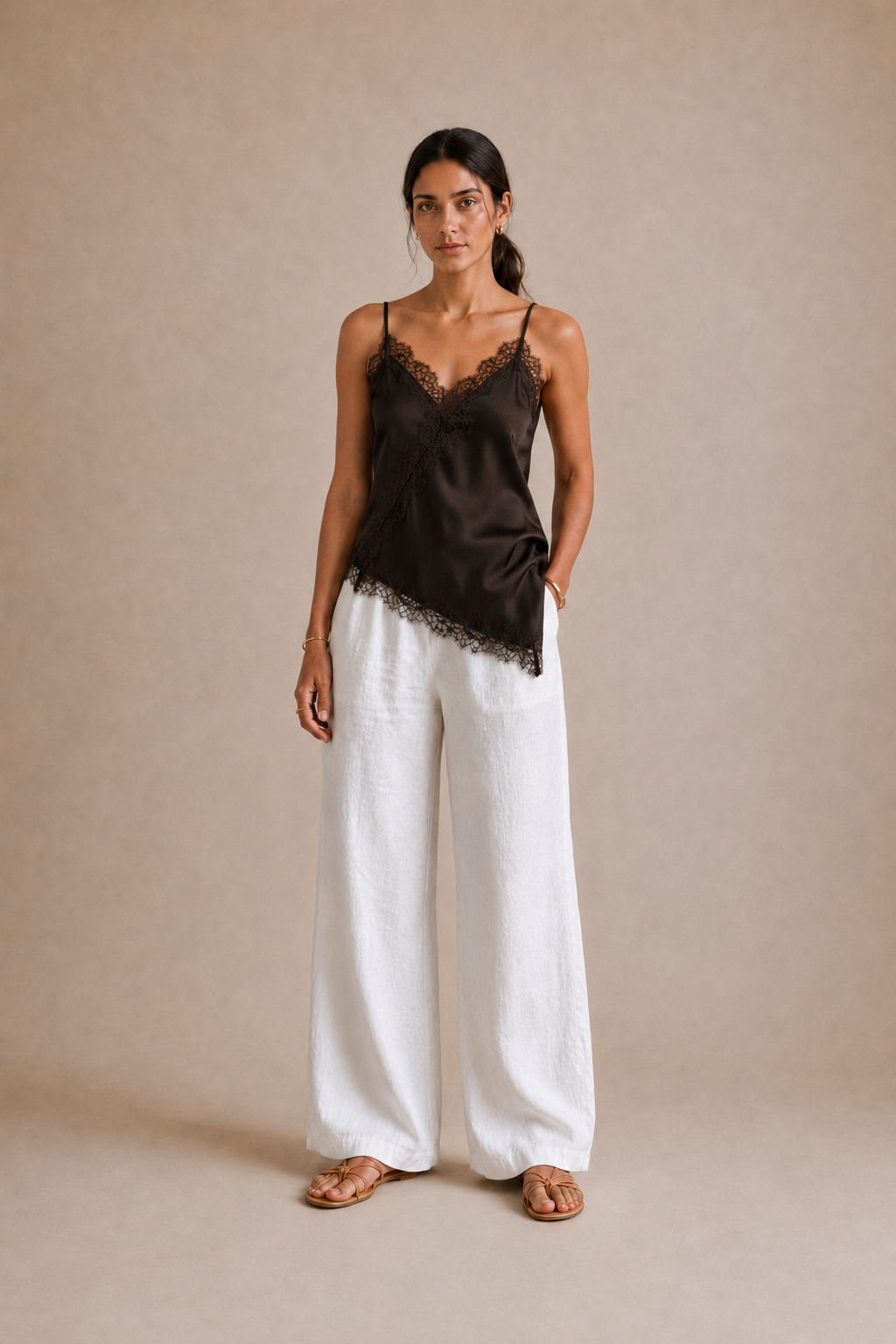 Asymmetrical Lace Slip Top - Brown view [[c:brown]]