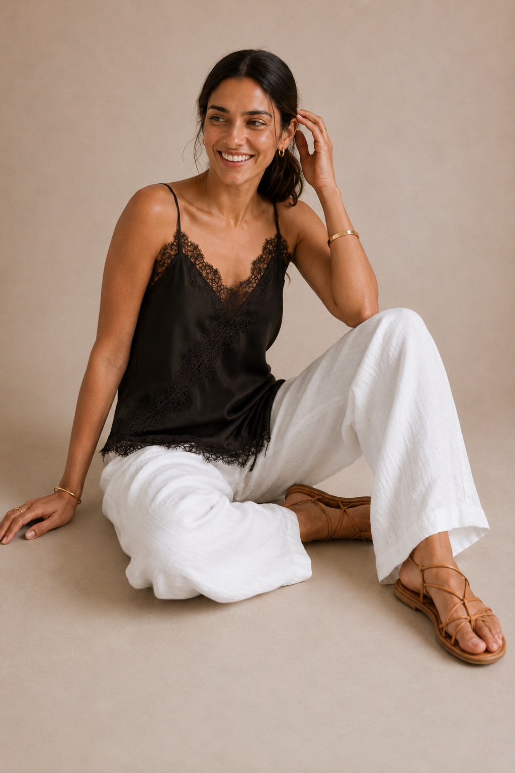 Asymmetrical Lace Slip Top - Brown view [[c:brown]]