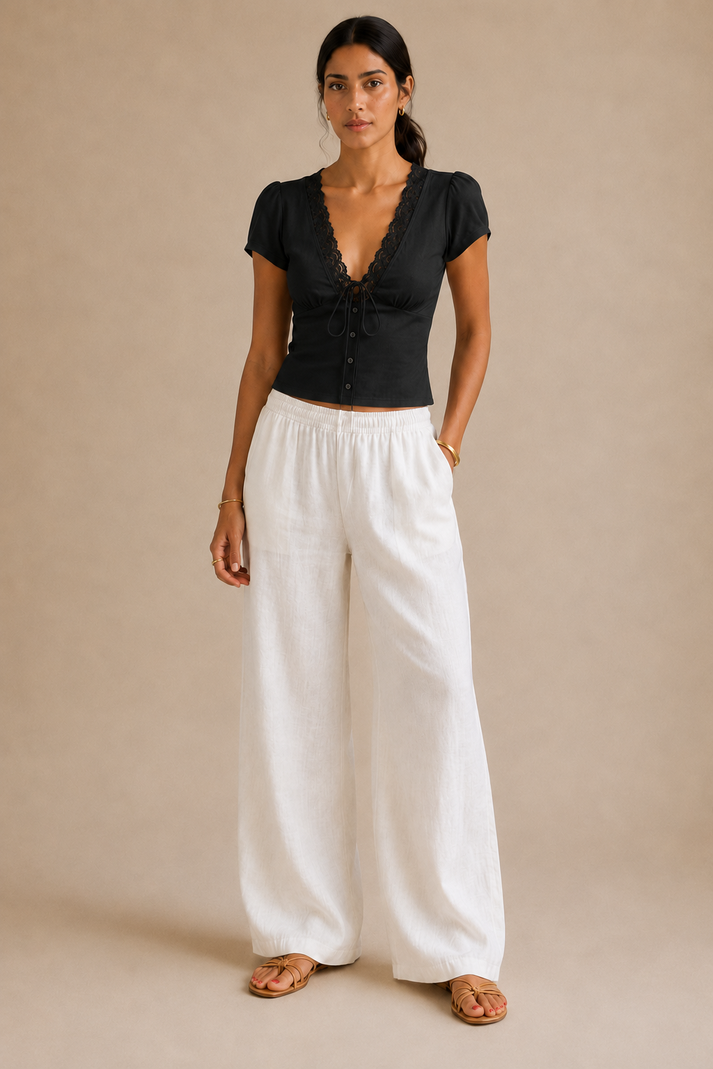 Lace V-Neck Tie Top - Black front [[c:black]]
