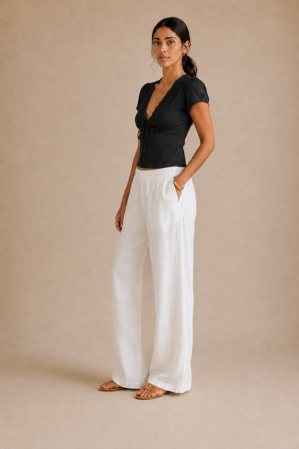 Lace V-Neck Tie Top - Black view [[c:black]]
