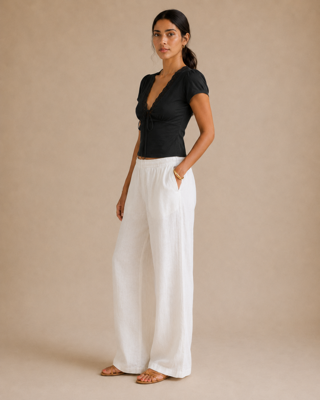 Lace V-Neck Tie-Front Top - Black front [[c:black]]