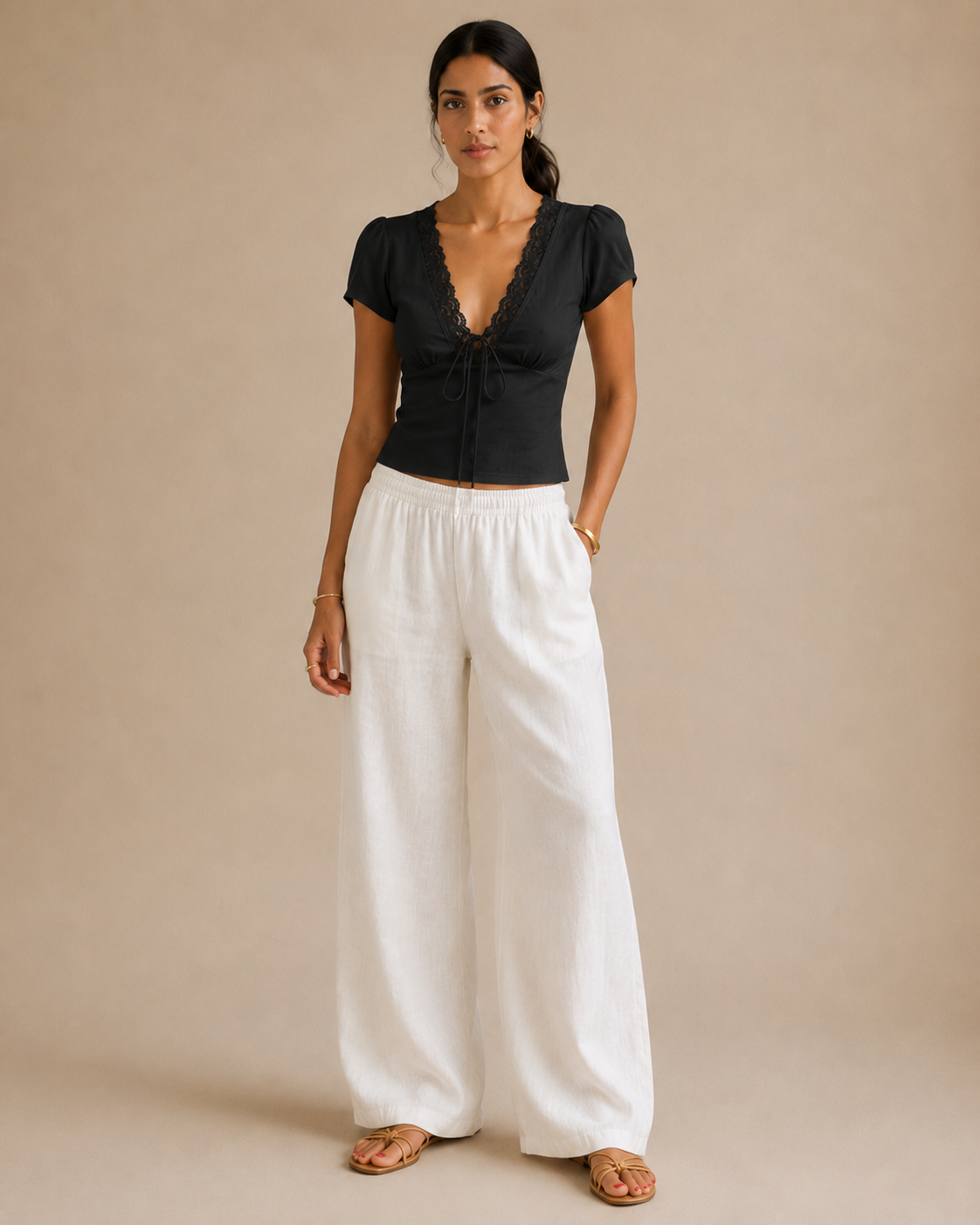 Lace V-Neck Tie-Front Top - Black view [[c:black]]
