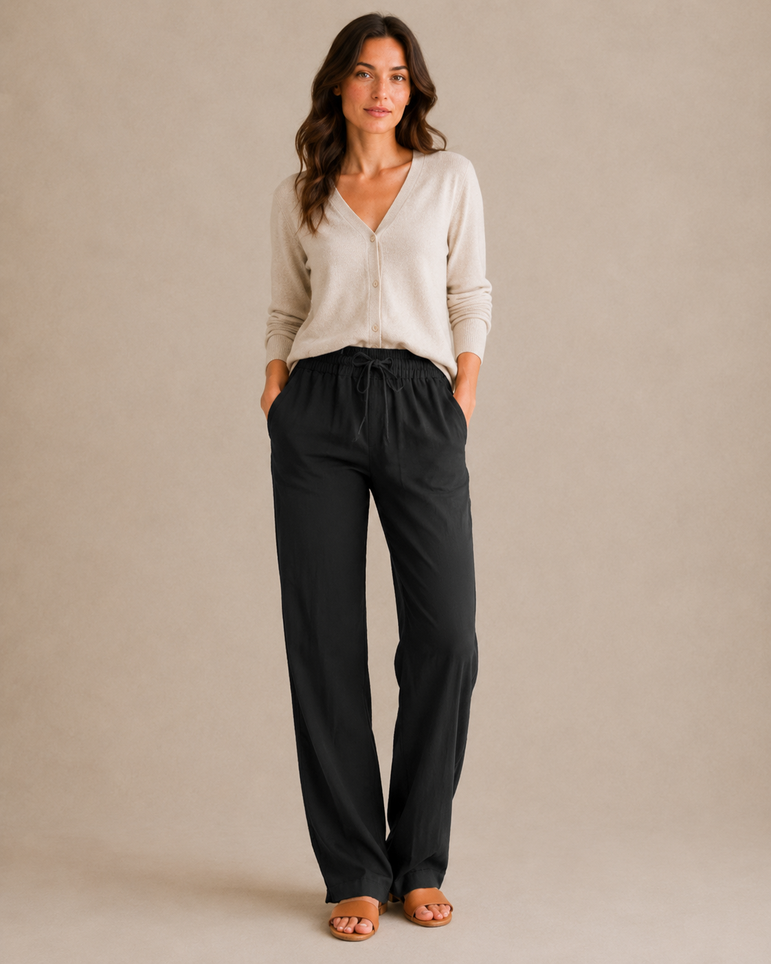 Cotton-Linen Drawstring Pant black 1 front [[c:black]]