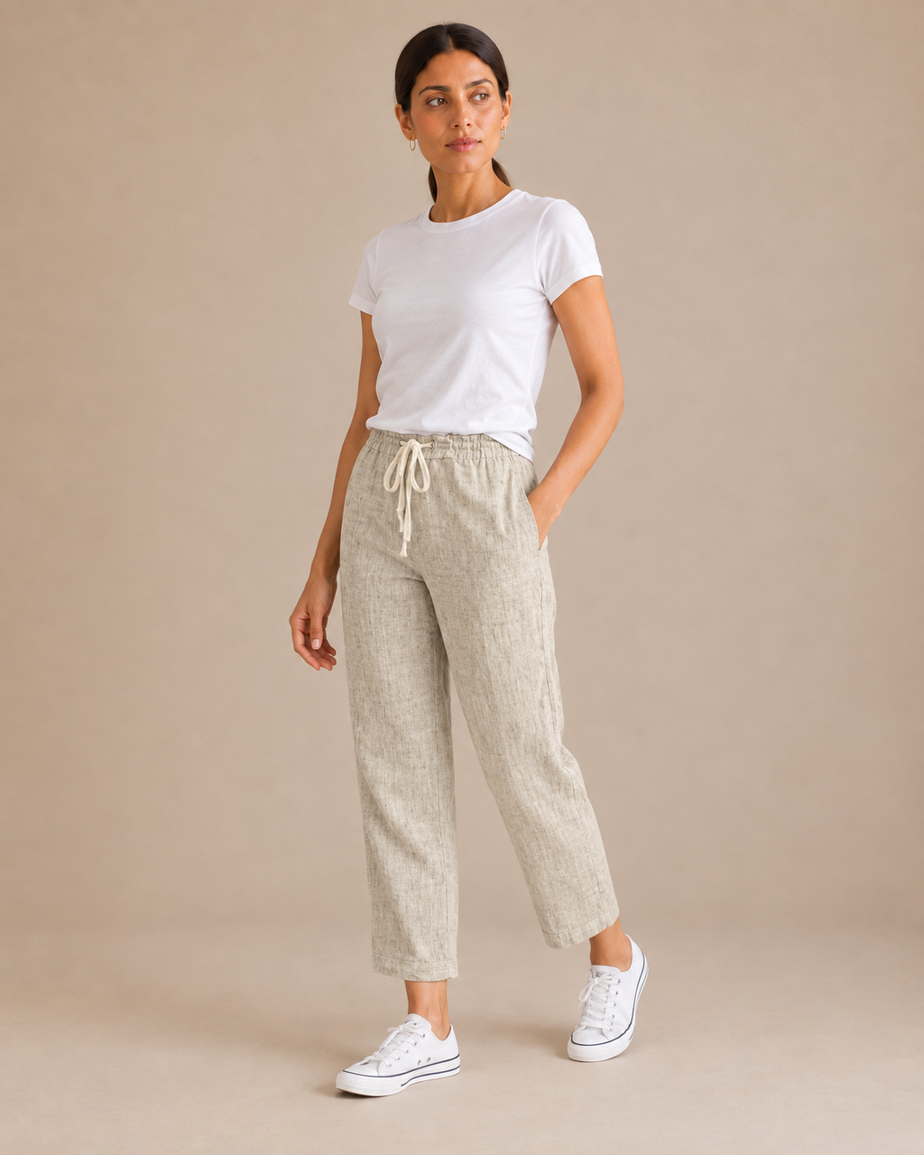 Cropped Cotton Drawstring Pant - Oat angle [[c:Oat]]