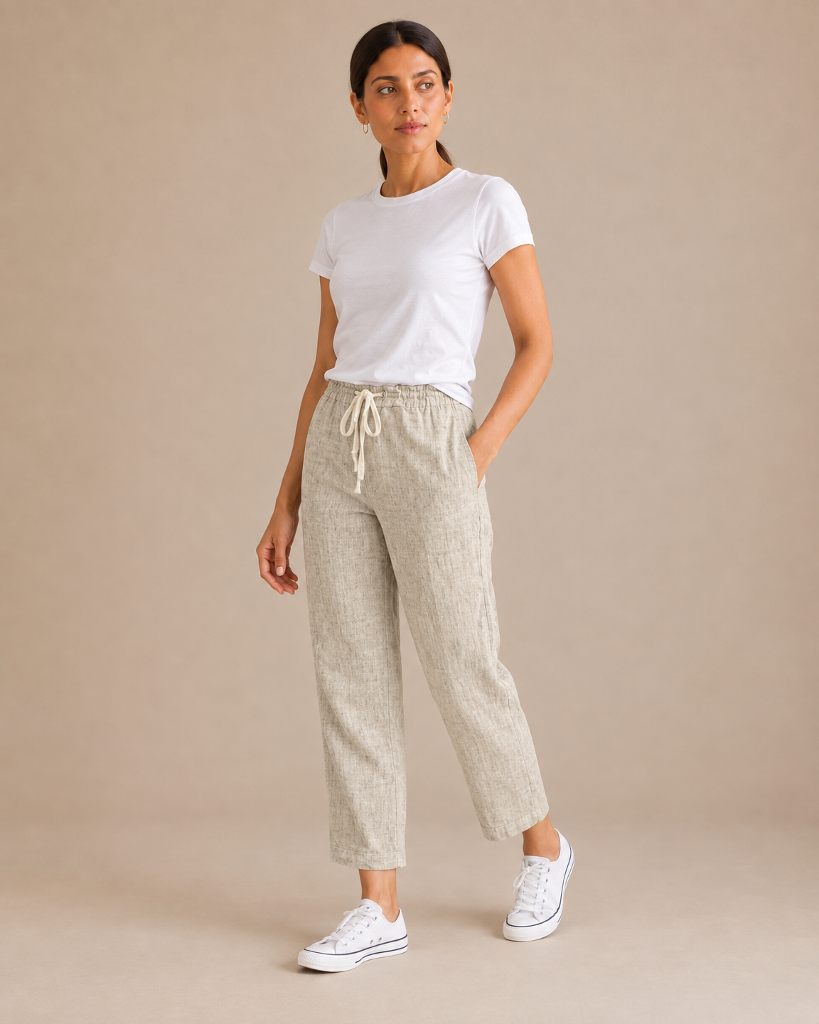 Cropped Cotton Drawstring Pant - Oat angle [[c:Oat]]