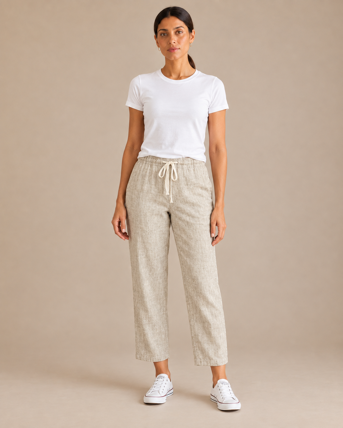 Cropped Cotton Drawstring Pant - Oat front [[c:Oat]]