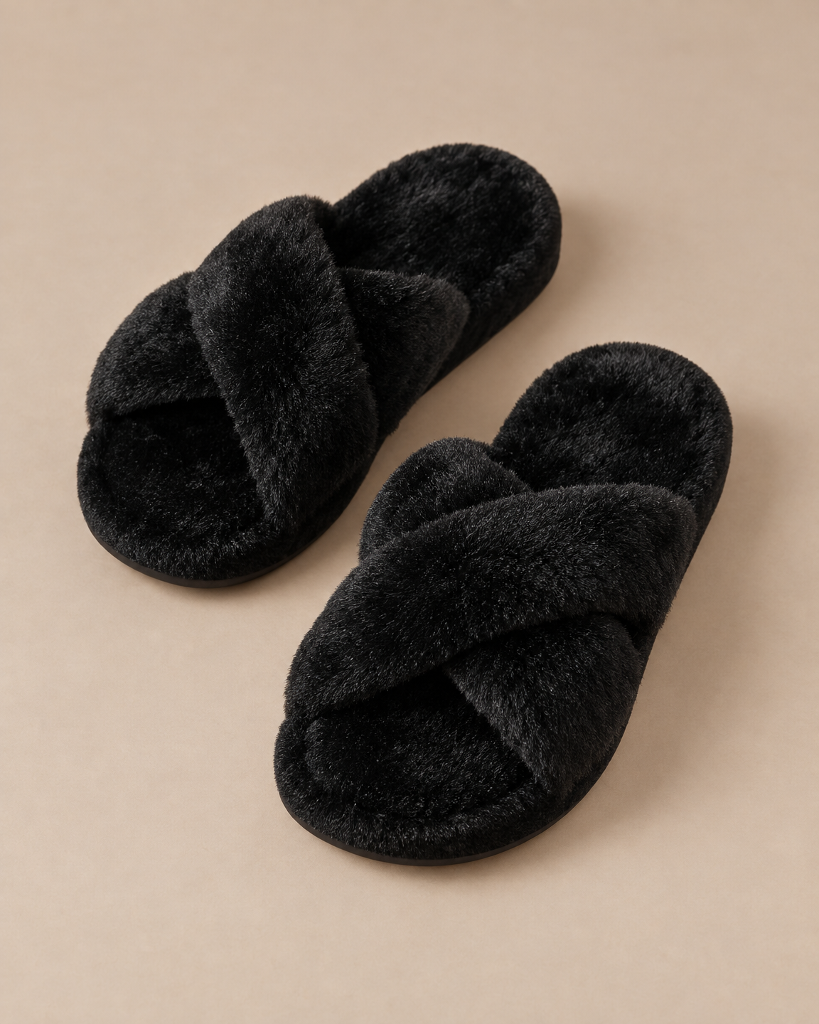 Fuzzy Cross-Band Slippers - Black angle [[c:Black]]