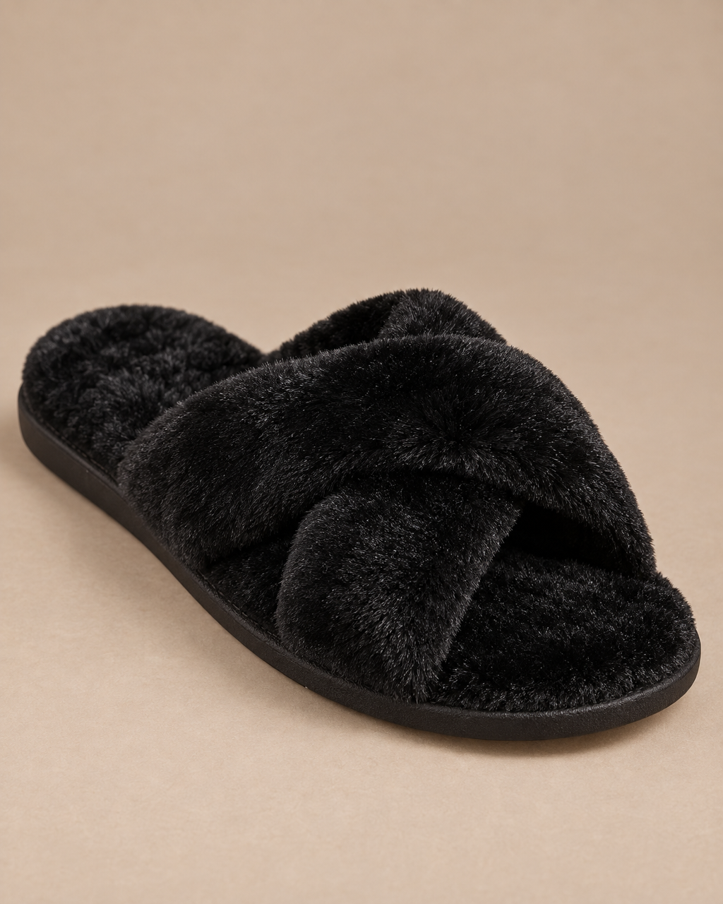 Fuzzy Cross-Band Slippers - Black detail [[c:Black]]