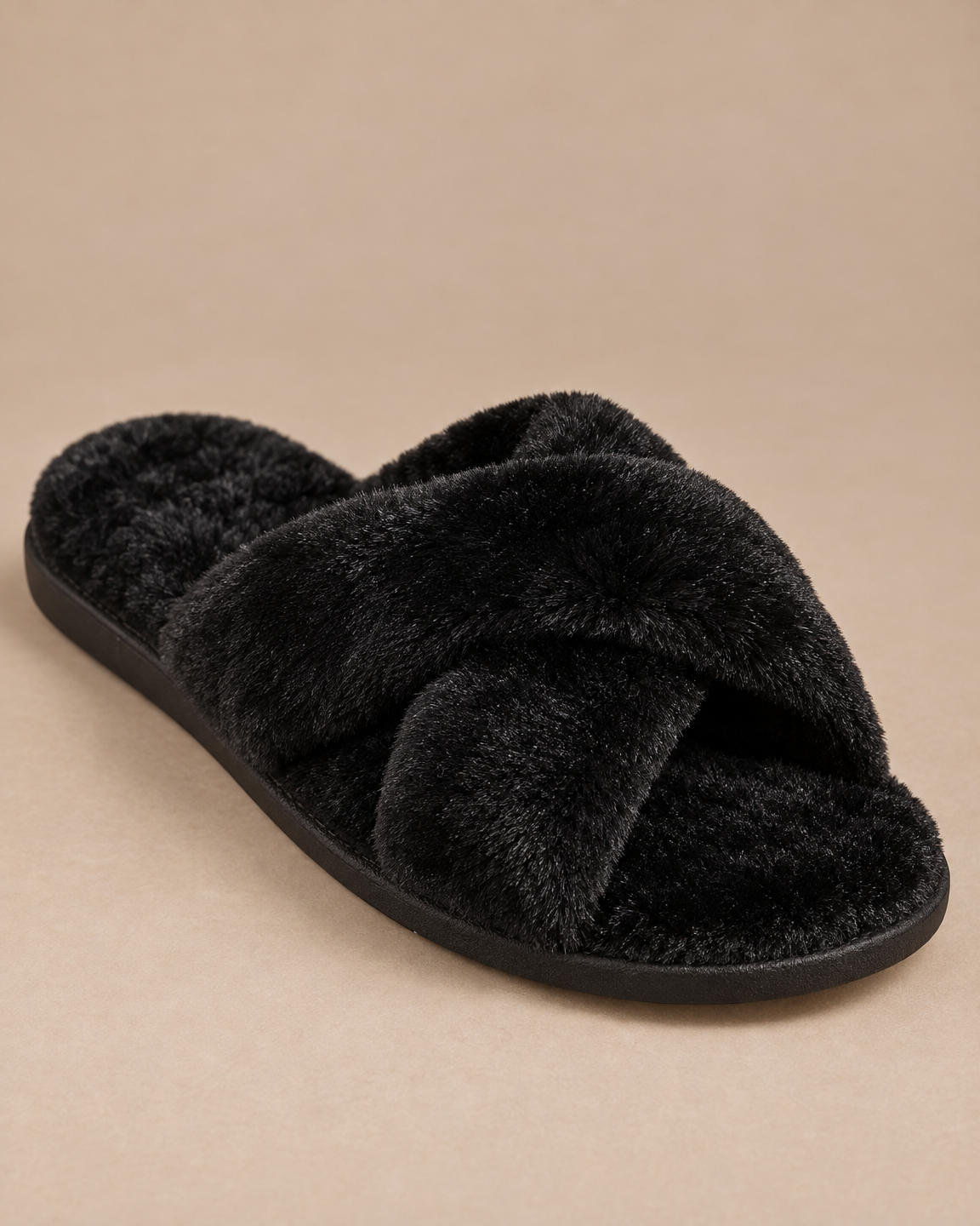 Fuzzy Cross-Band Slippers - Black detail [[c:Black]]