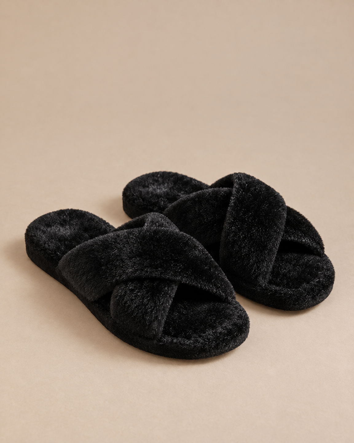 Fuzzy Cross-Band Slippers - Black front [[c:Black]]