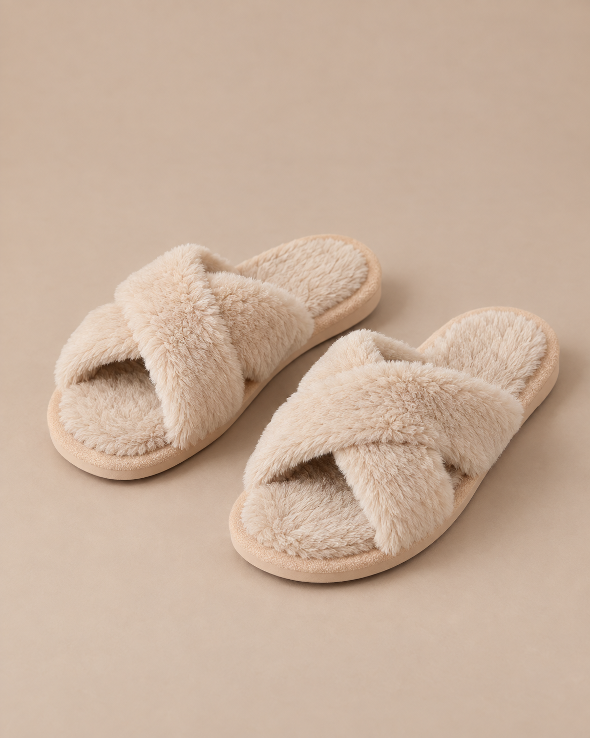 Fuzzy Cross-Band Slippers - Sand front [[c:Sand]]