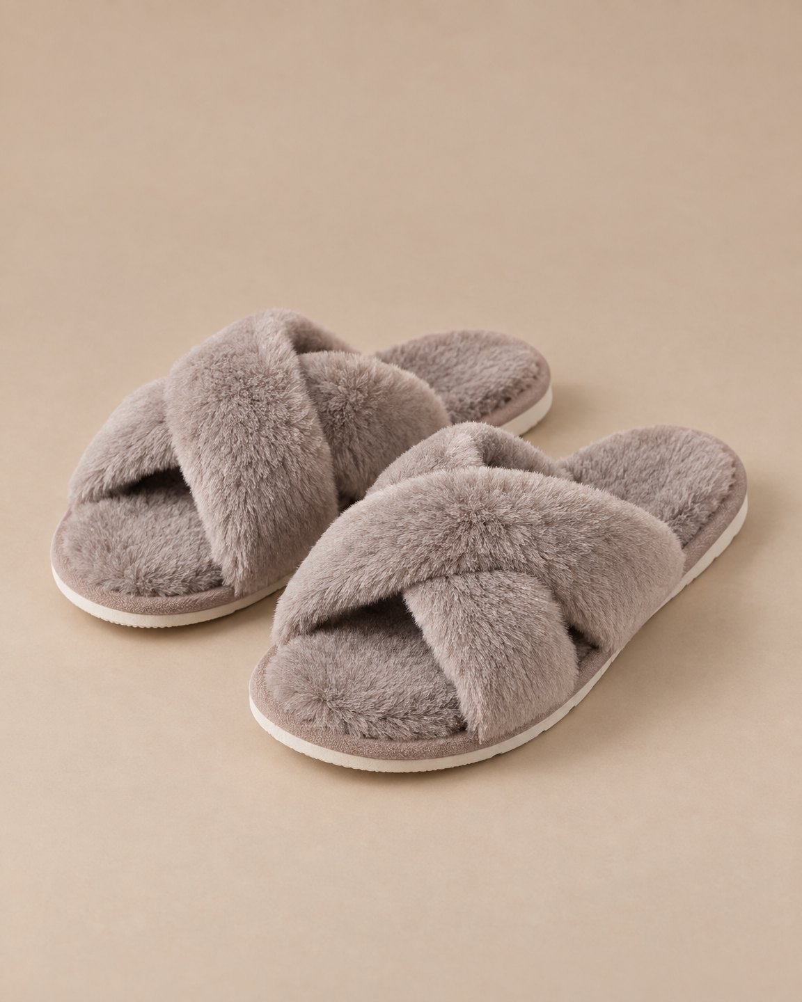 Fuzzy Cross-Band Slippers - Taupe front [[c:Taupe]]