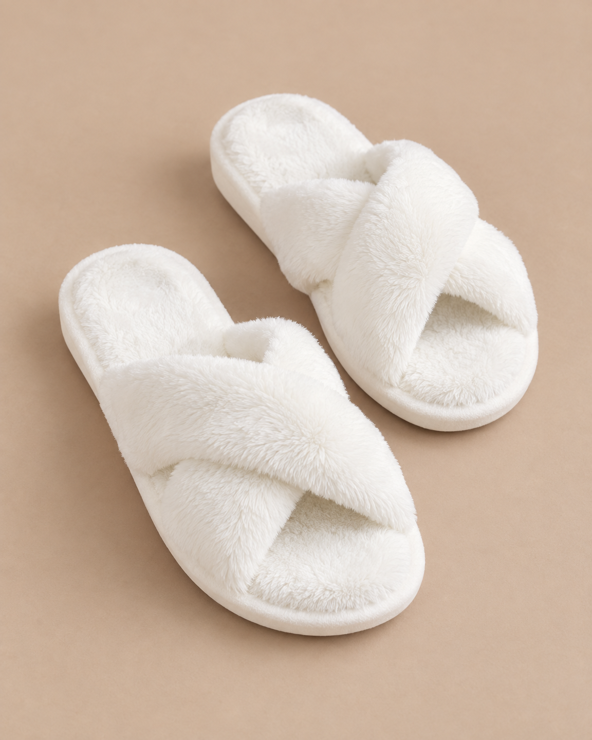 Fuzzy Cross-Band Slippers - White angle [[c:White]]