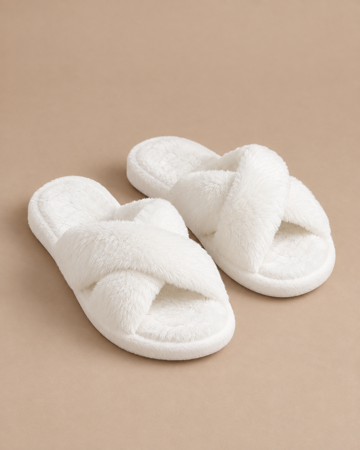 Fuzzy Cross-Band Slippers - White front [[c:White]]