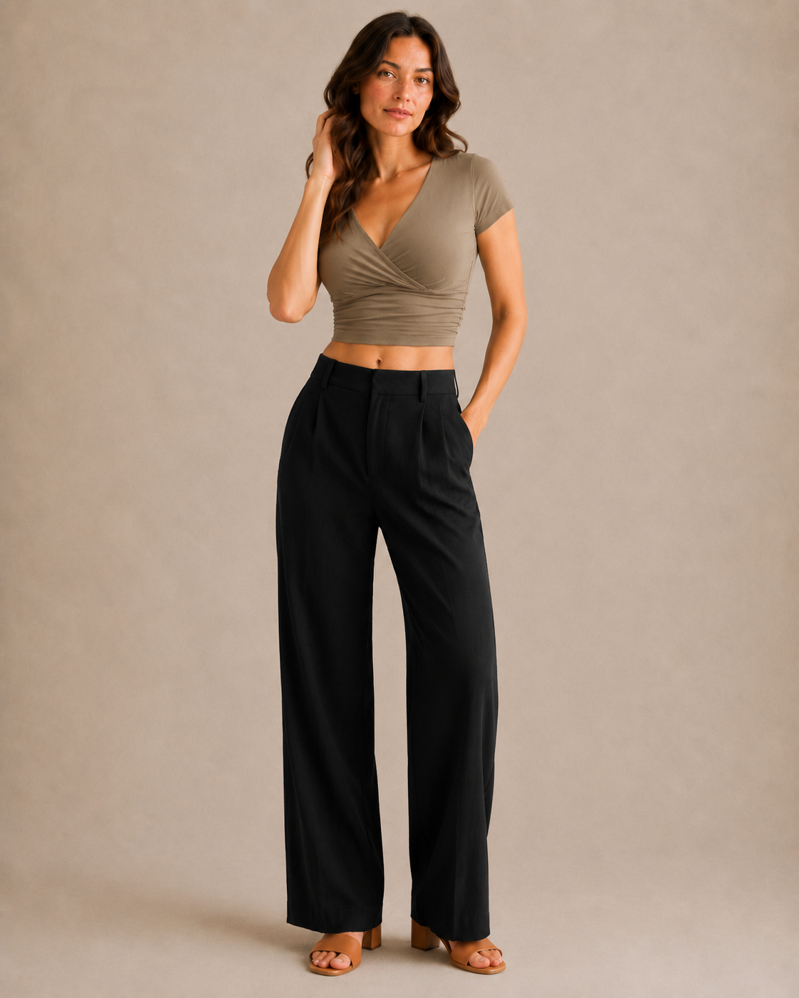 Wrap-Front Crop Tee - Khaki front [[c:khaki]]