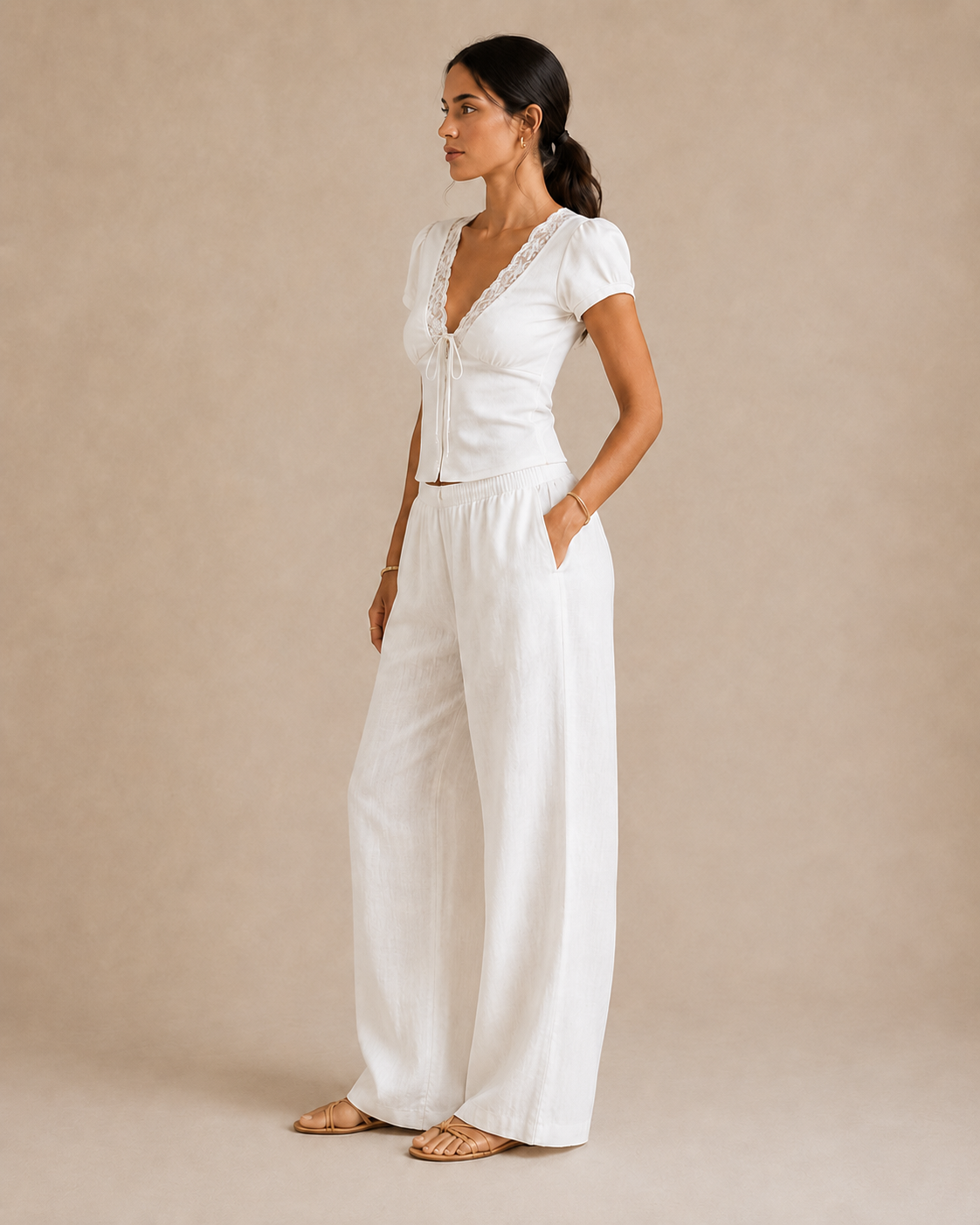 Lace V-Neck Tie-Front Top - White view [[c:white]]