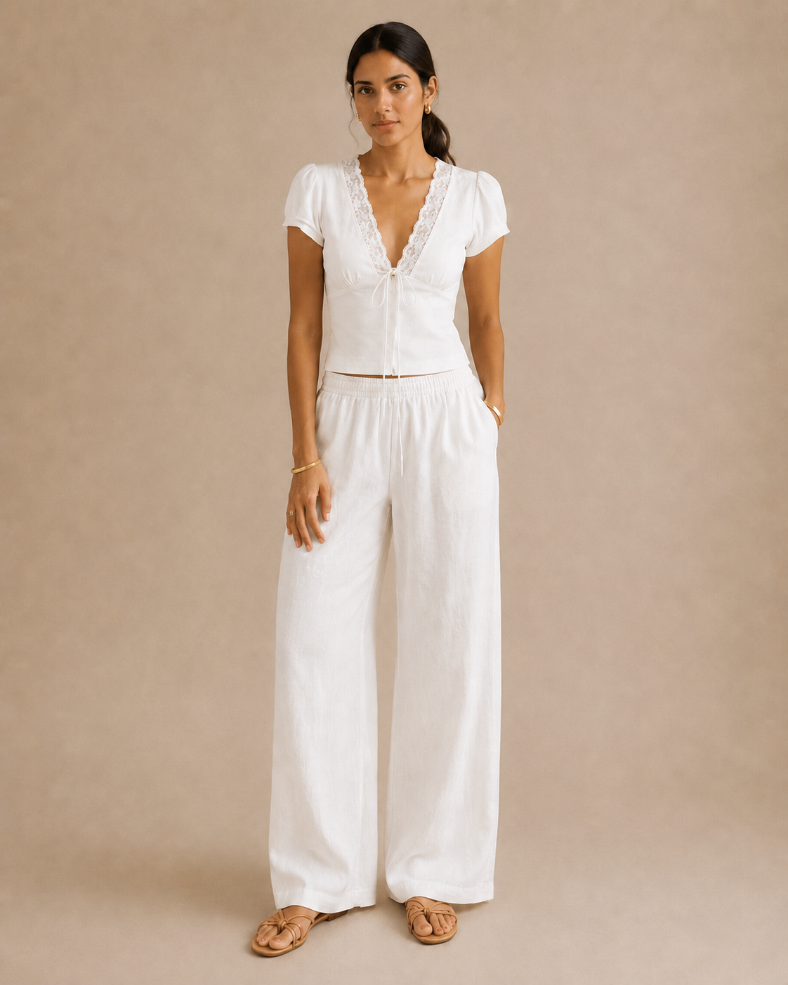 Lace V-Neck Tie-Front Top - White view [[c:white]]