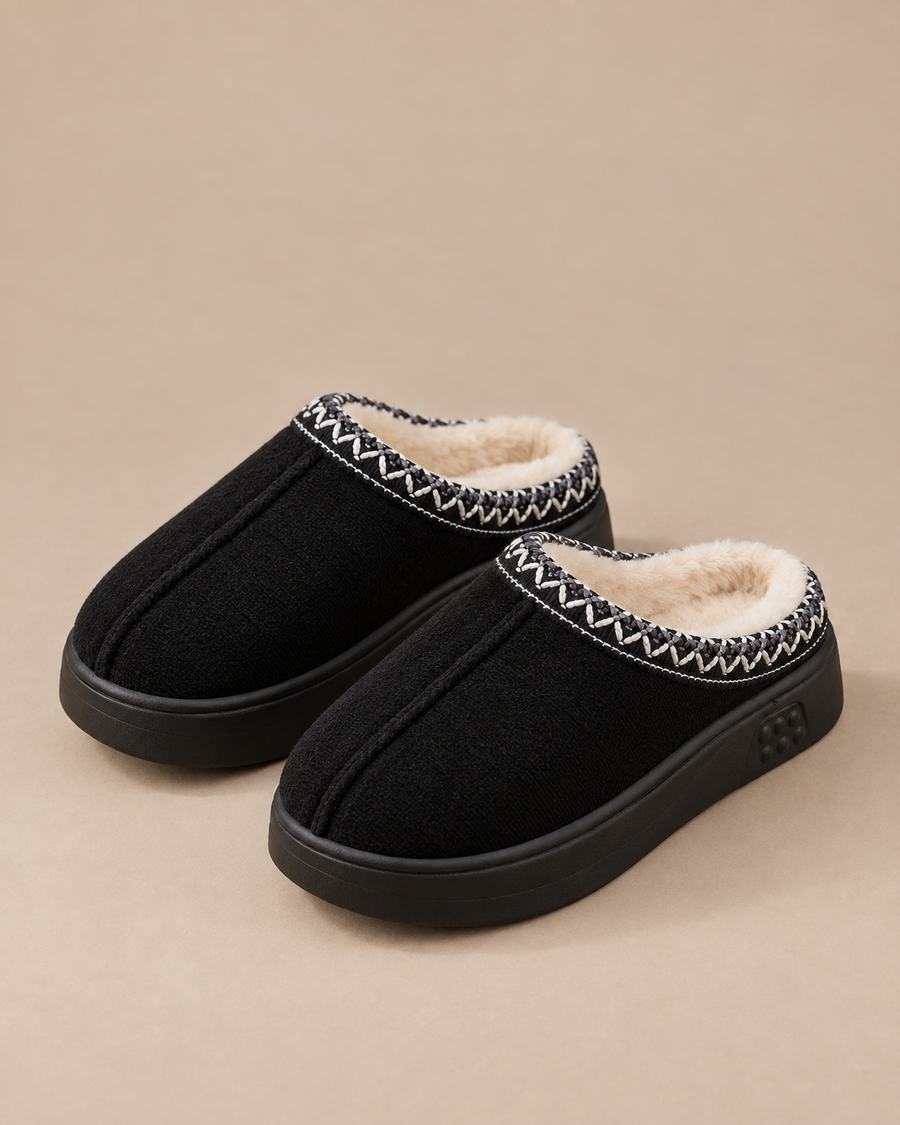 Plush-Lined Platform Mule Slippers - Black front [[c:Black]]