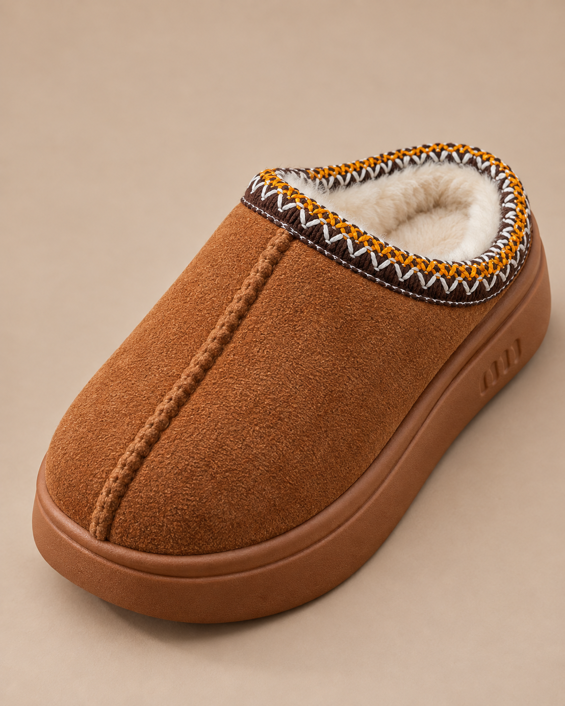 Plush-Lined Platform Mule Slippers - Chestnut detail [[c:Chestnut]]