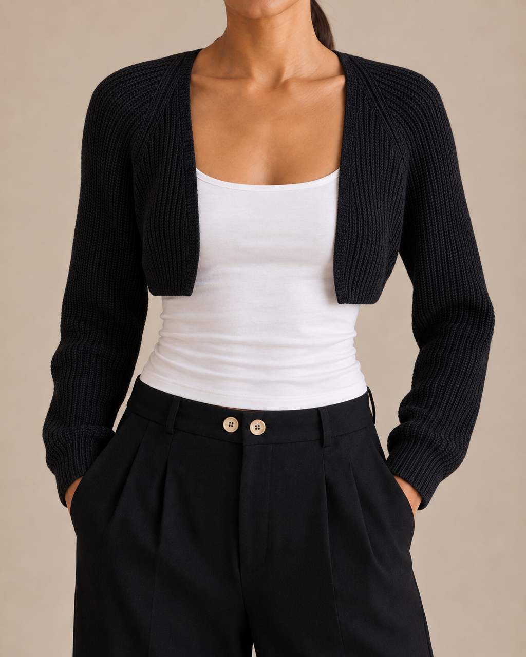 Ribbed Knit Bolero Shrug - Black detail [[c:Black]]
