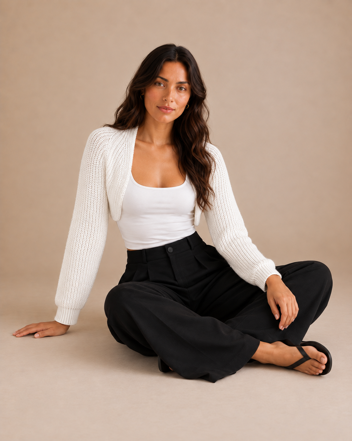 Ribbed Knit Bolero Shrug - White seated [[c:White]]