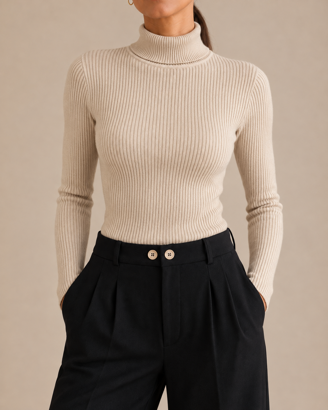 Slim Ribbed Turtleneck Sweater - Beige detail [[c:Beige]]