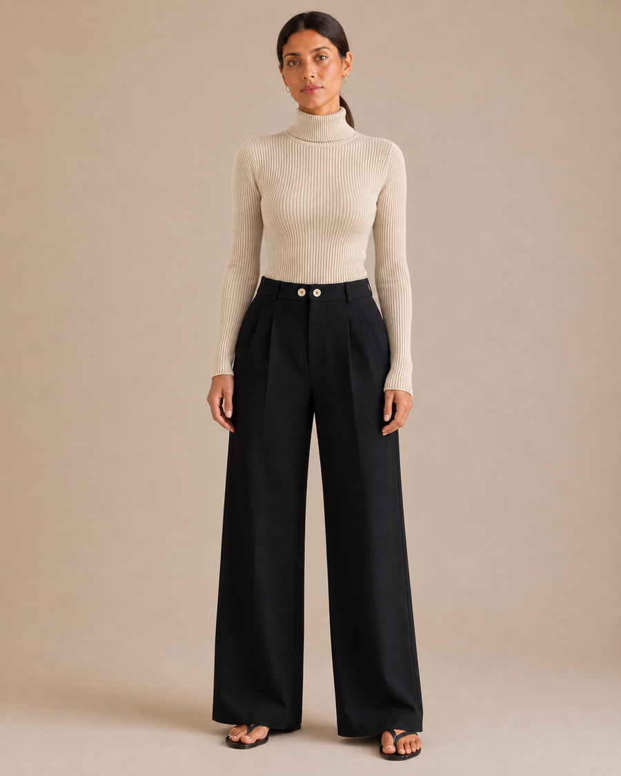 Slim Ribbed Turtleneck Sweater - Beige front [[c:Beige]]