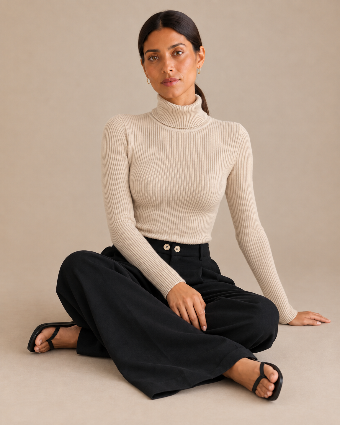 Slim Ribbed Turtleneck Sweater - Beige seated [[c:Beige]]