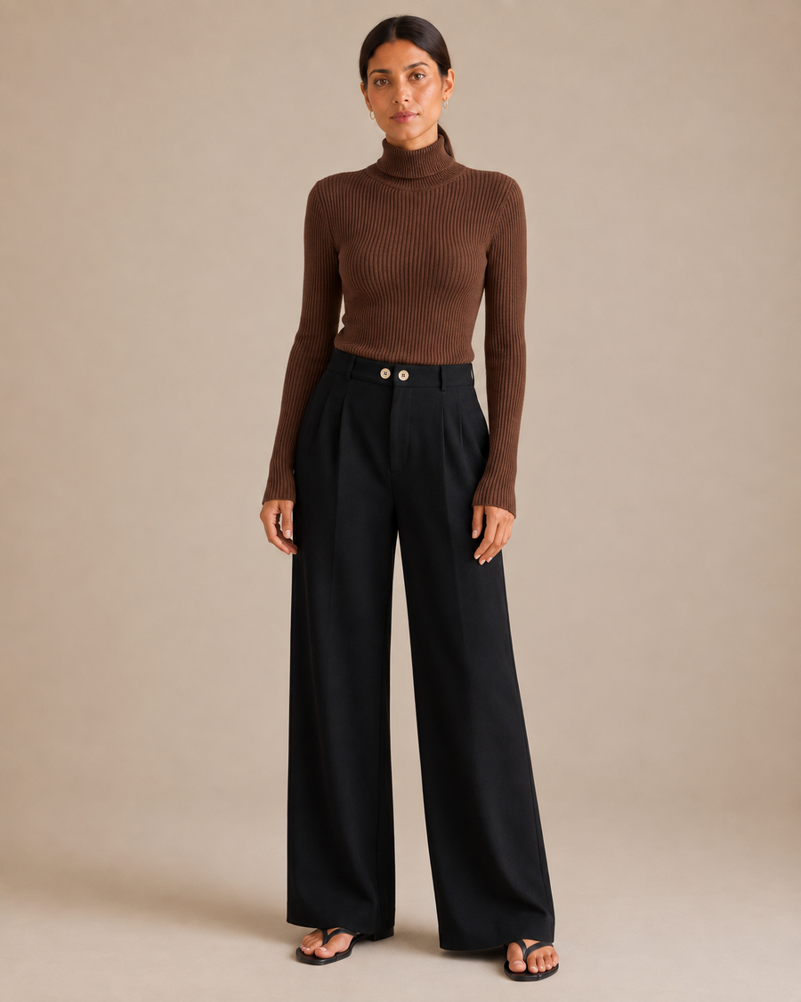 Slim Ribbed Turtleneck Sweater - Brown front [[c:Brown]]