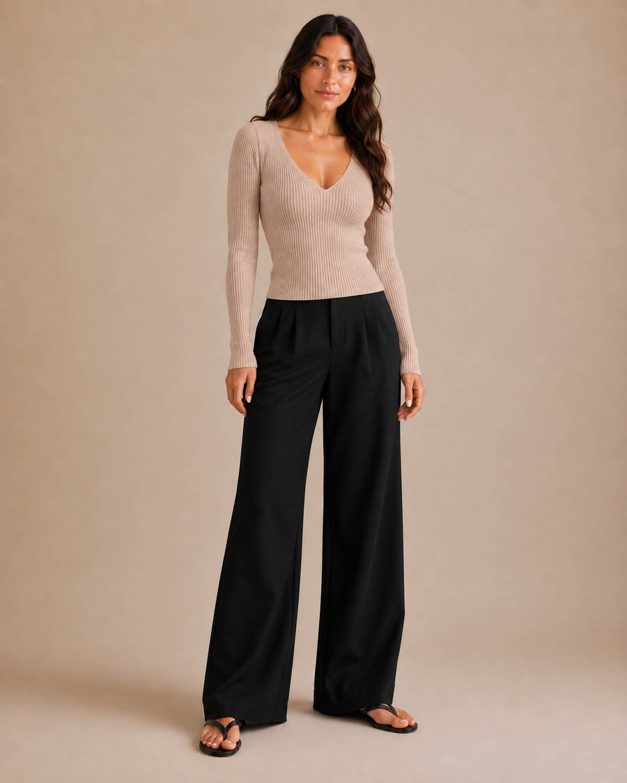 Slim Ribbed V-Neck Sweater - Beige front [[c:Beige]]