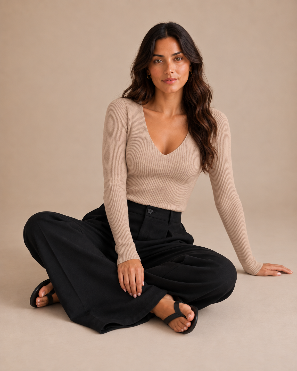 Slim Ribbed V-Neck Sweater - Beige seated [[c:Beige]]
