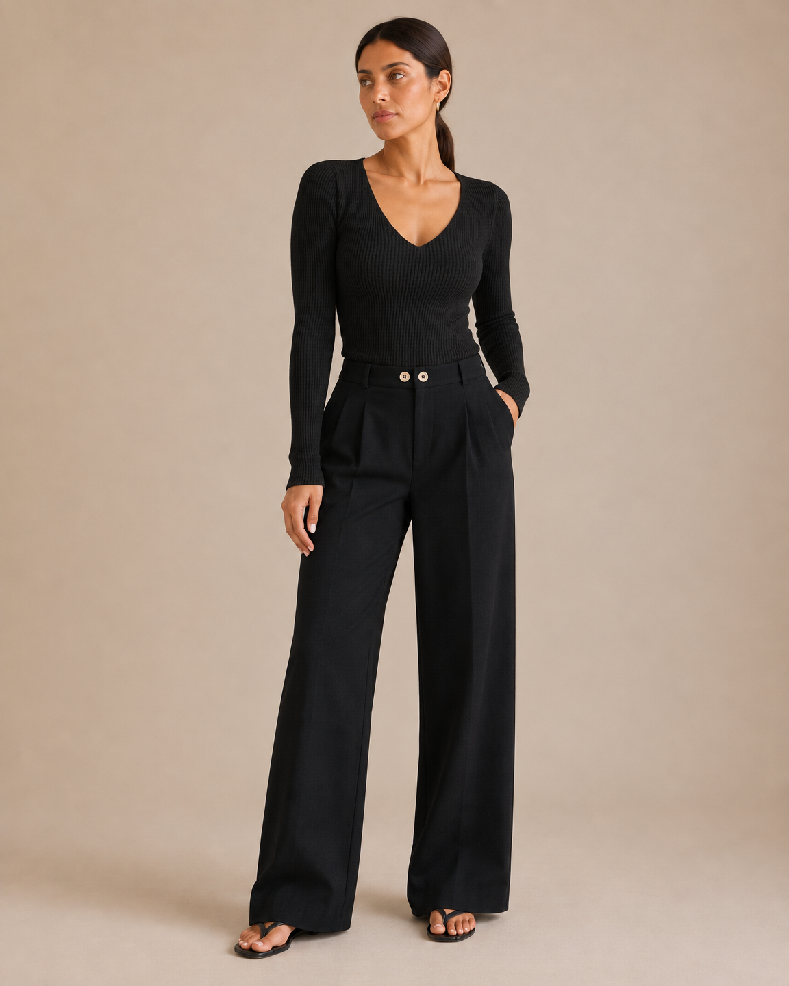 Slim Ribbed V-Neck Sweater - Black angle [[c:Black]]
