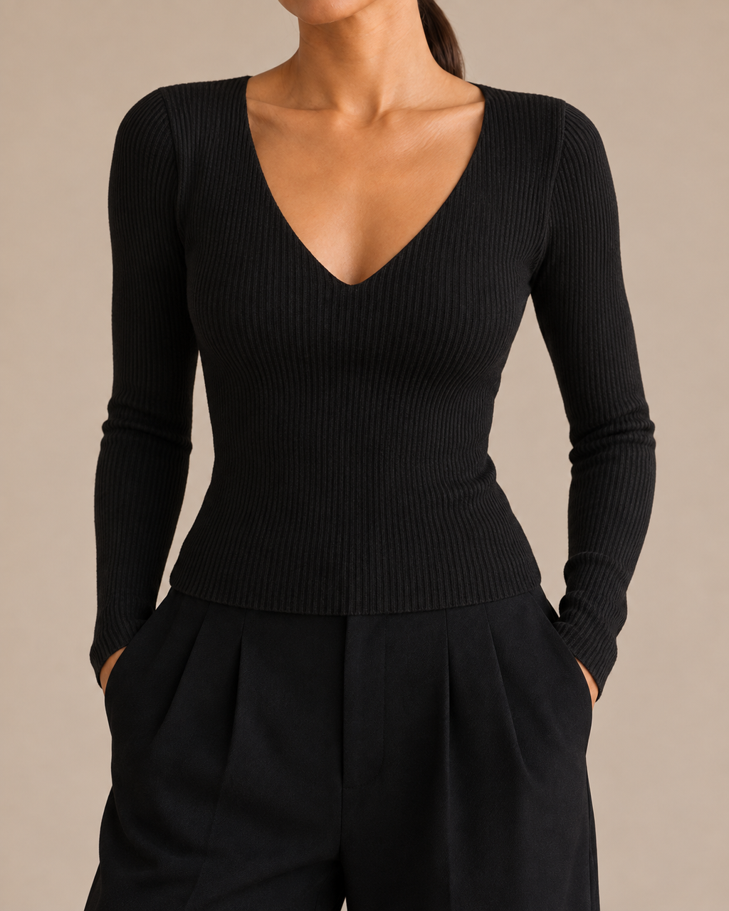 Slim Ribbed V-Neck Sweater - Black detail [[c:Black]]