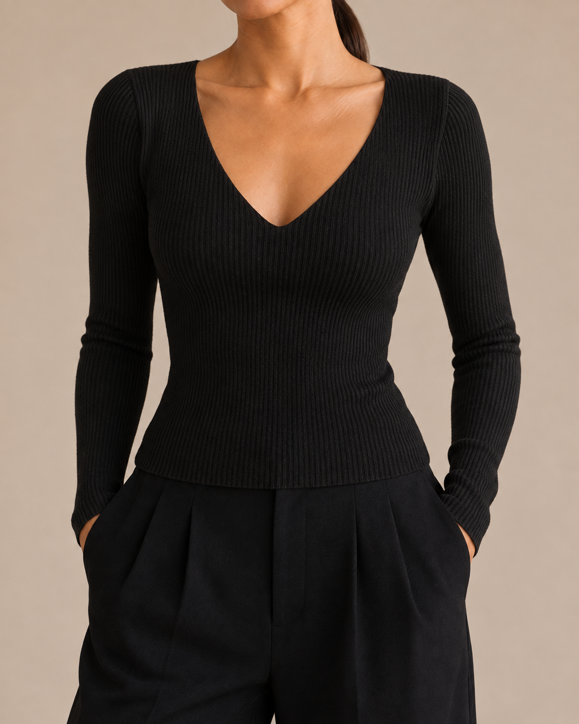 Slim Ribbed V-Neck Sweater - Black detail [[c:Black]]