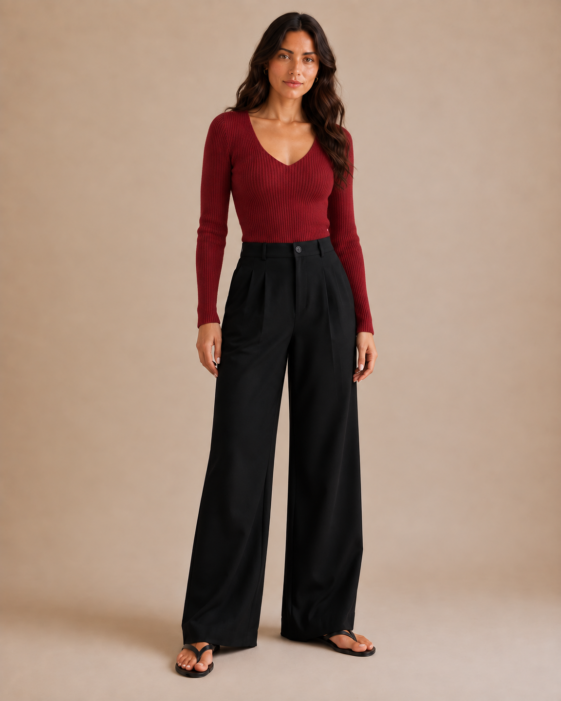 Slim Ribbed V-Neck Sweater - Burgundy front [[c:Burgundy]]