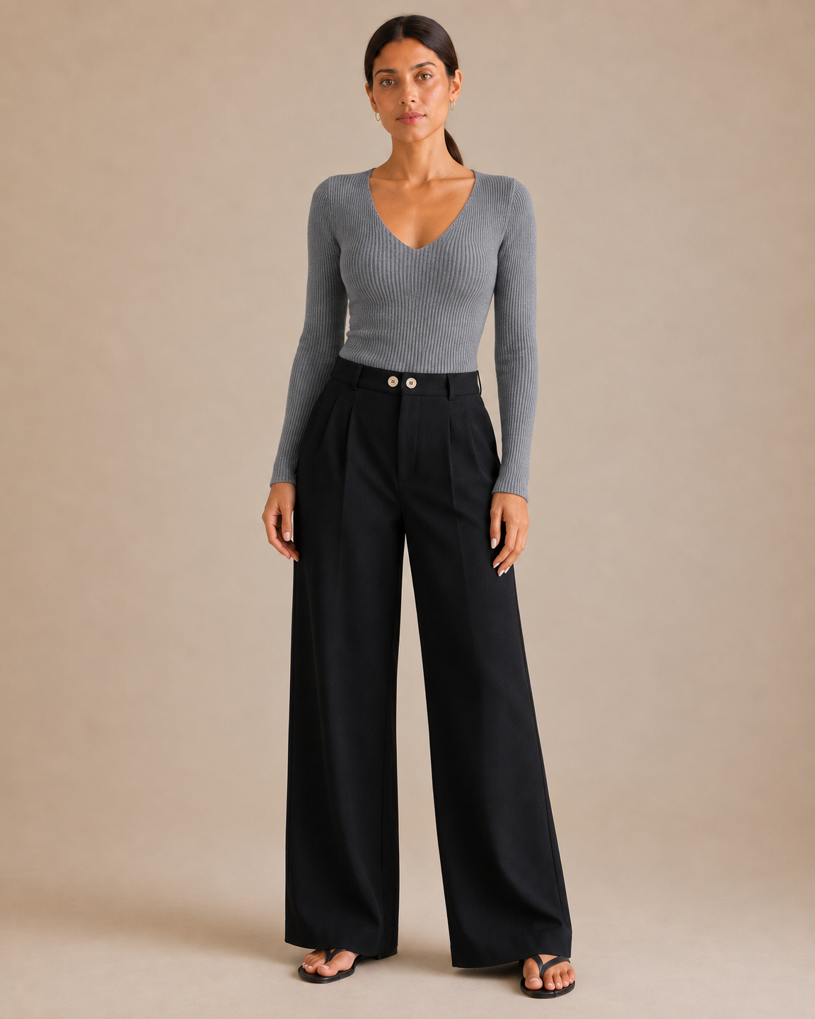 Slim Ribbed V-Neck Sweater - Grey front [[c:Grey]]