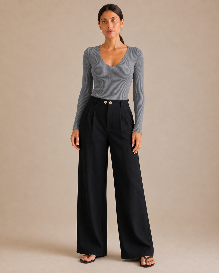 Slim Ribbed V-Neck Sweater - Grey front [[c:Grey]]