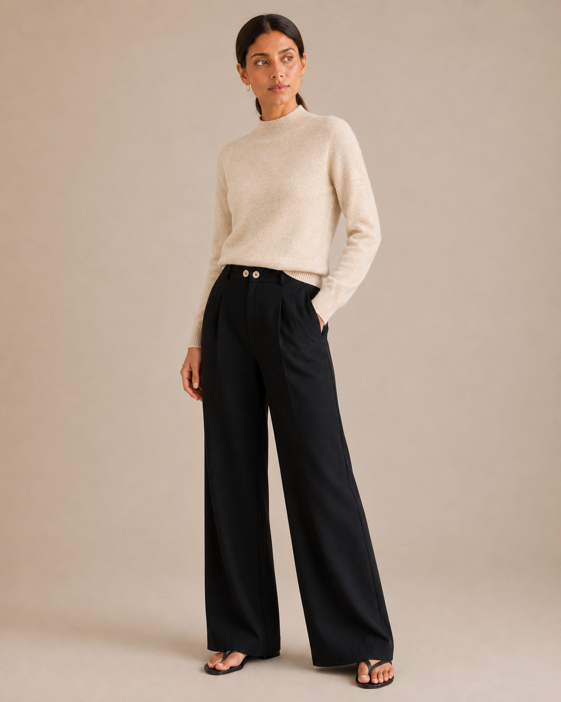 Soft Mock-Neck Sweater - Beige angle [[c:Beige]]
