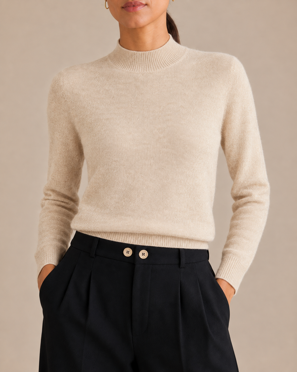 Soft Mock-Neck Sweater - Beige detail [[c:Beige]]