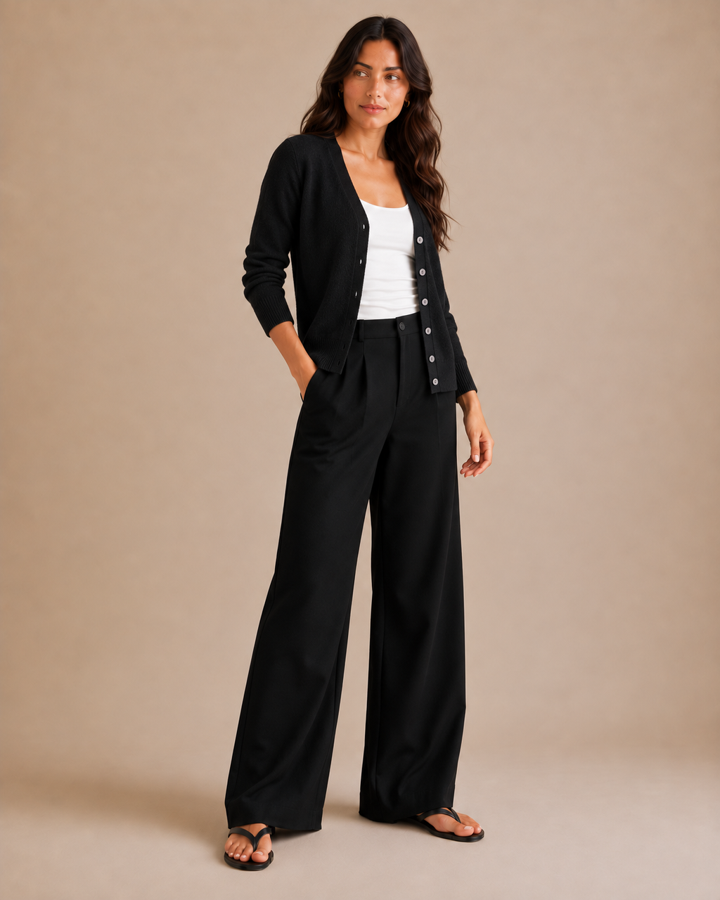 Soft V-Neck Button Cardigan - Black angle [[c:Black]]
