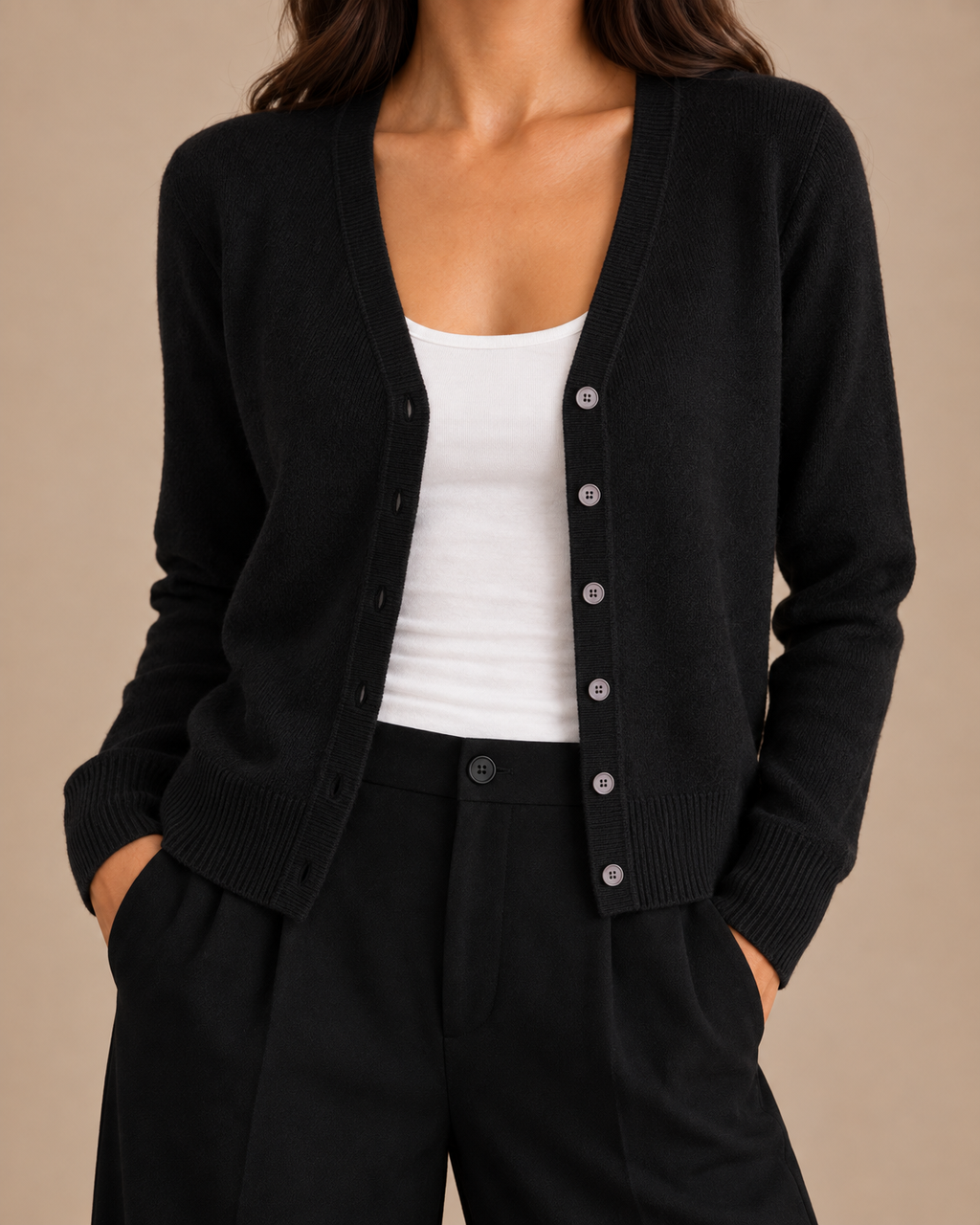Soft V-Neck Button Cardigan - Black detail [[c:Black]]