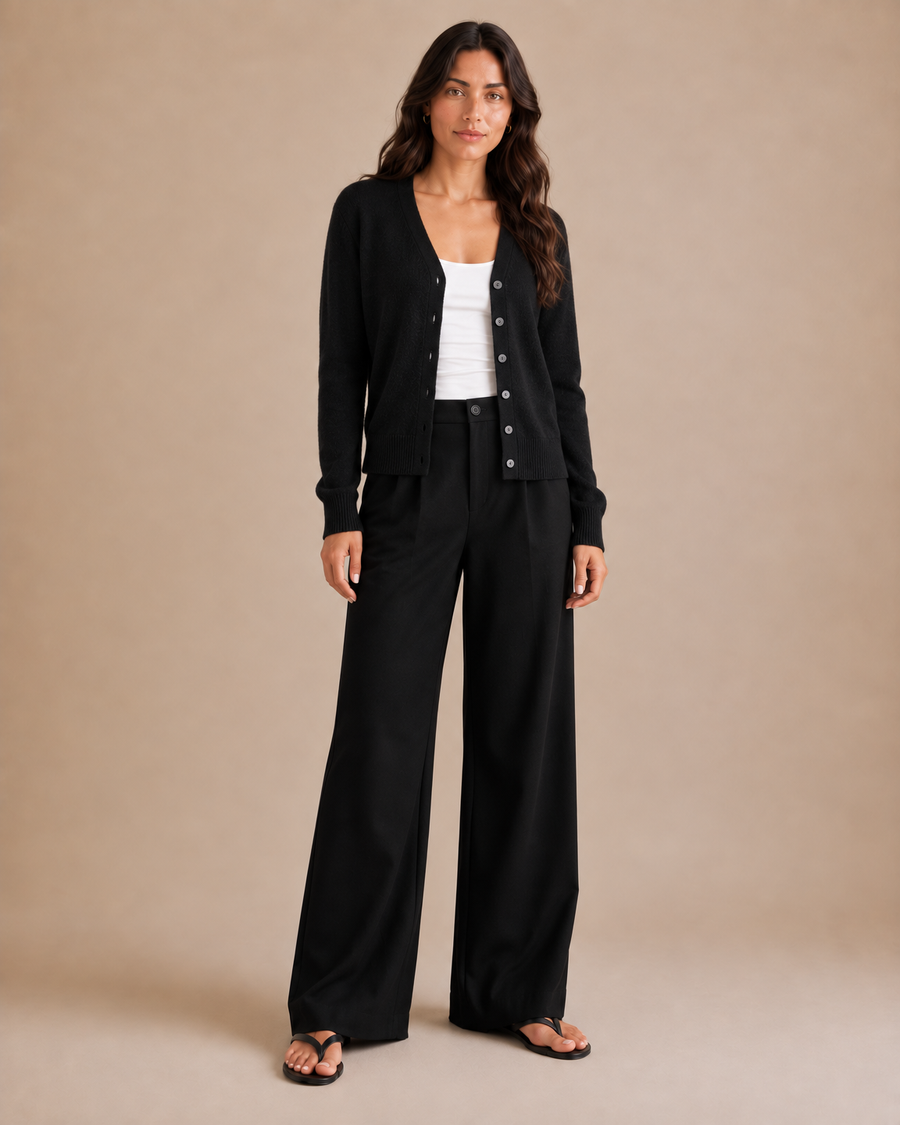 Soft V-Neck Button Cardigan - Black front [[c:Black]]