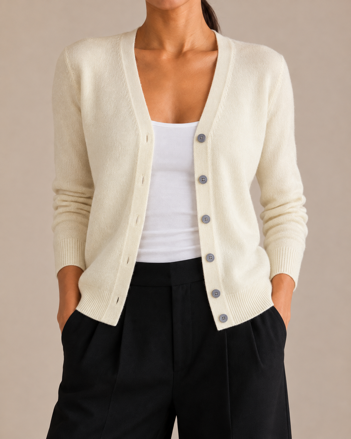 Soft V-Neck Button Cardigan - Cream detail [[c:Cream]]