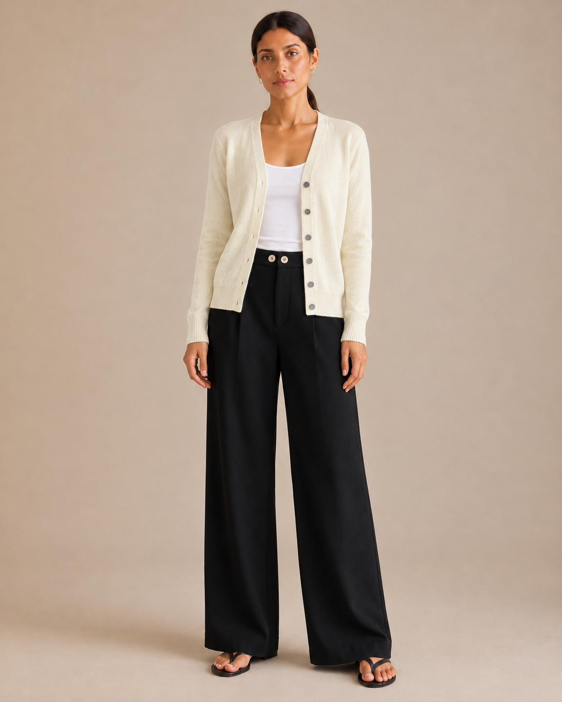 Soft V-Neck Button Cardigan - Cream front [[c:Cream]]