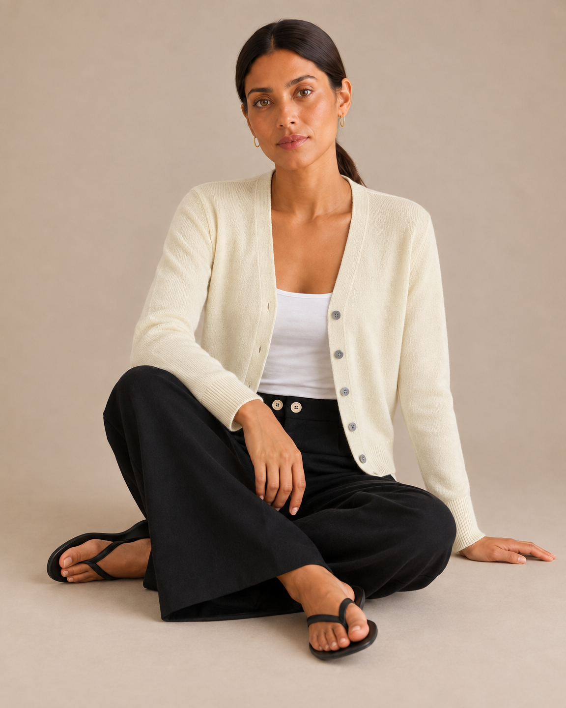Soft V-Neck Button Cardigan - Cream seated [[c:Cream]]
