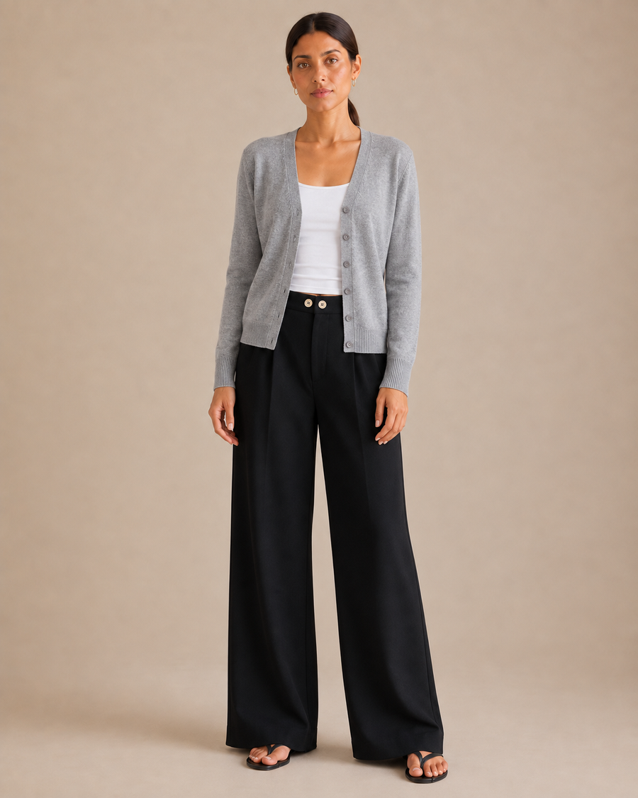 Soft V-Neck Button Cardigan - Grey front [[c:Grey]]