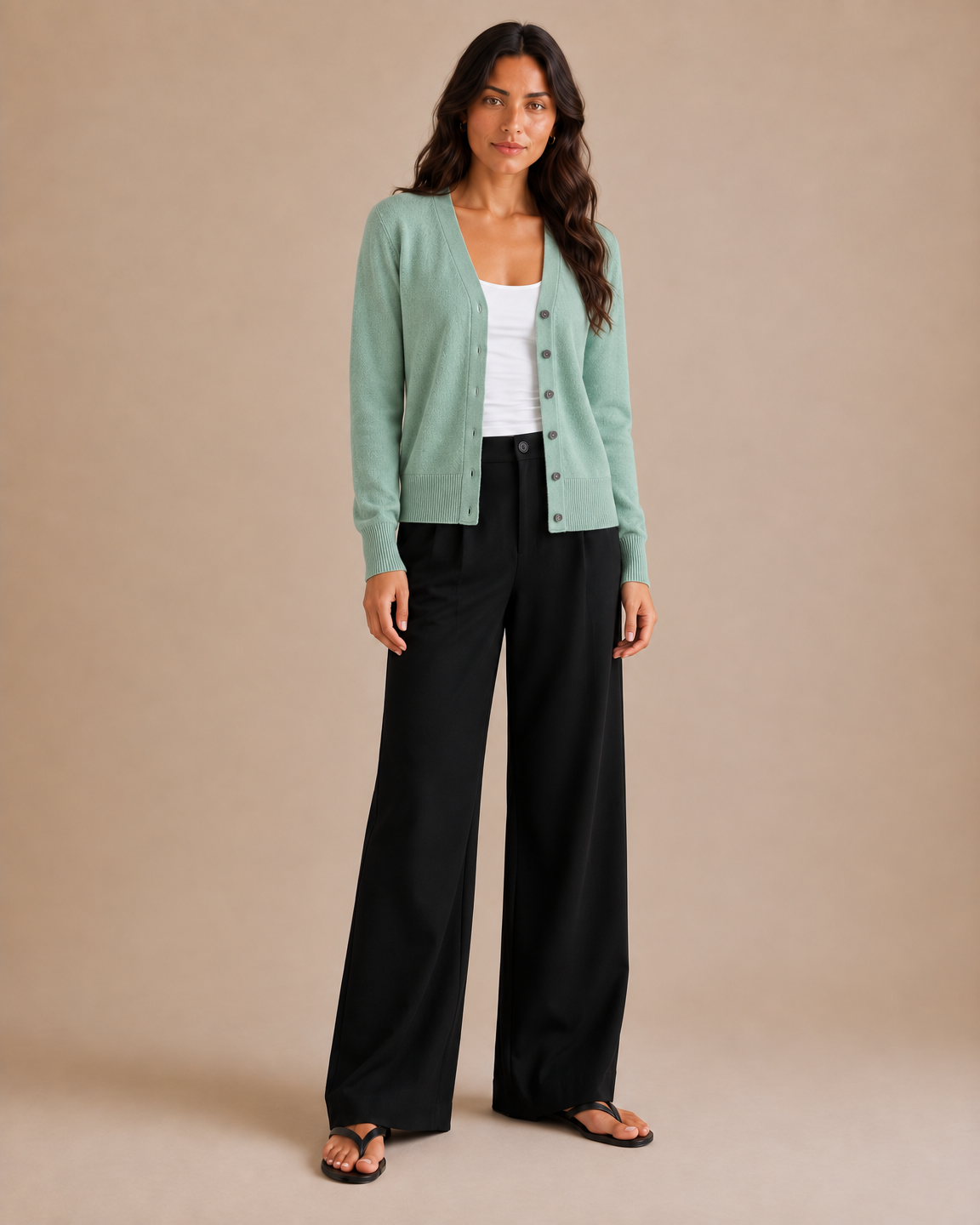 Soft V-Neck Button Cardigan - Sage front [[c:Sage]]