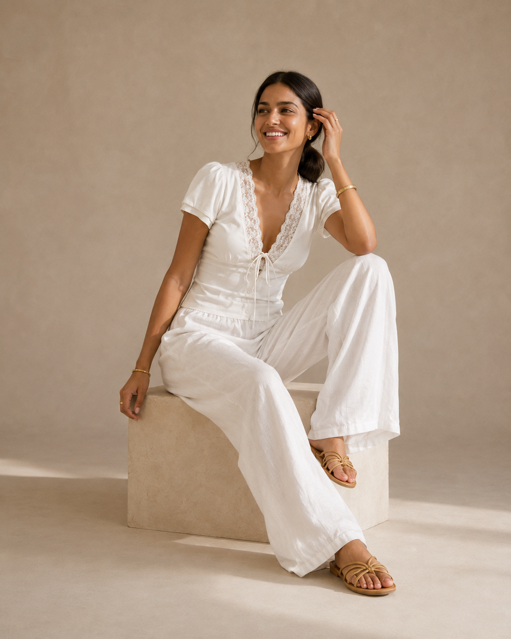 Lace V-Neck Tie-Front Top - White front [[c:white]]